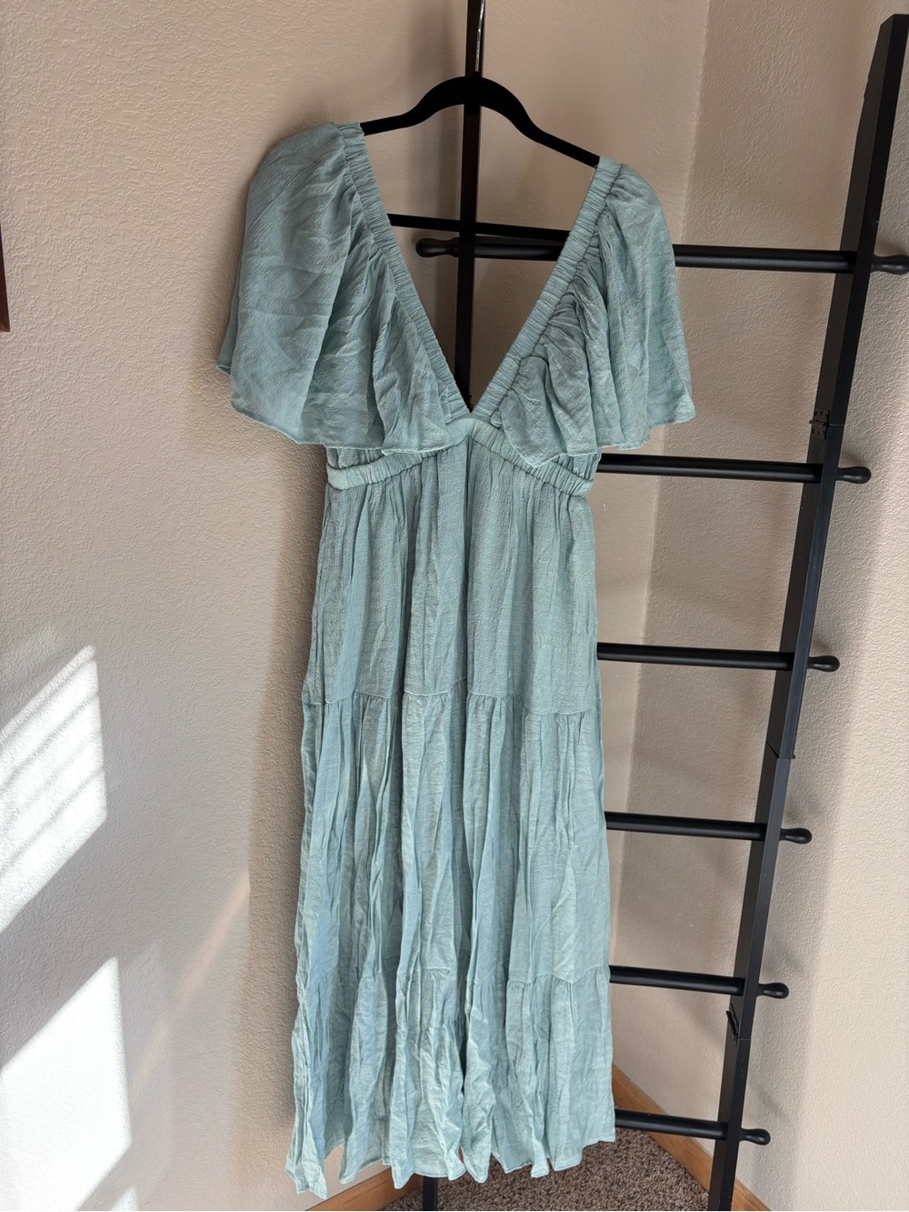 Sage Green V-Neck Flutter Sleeve Maxi Dress
